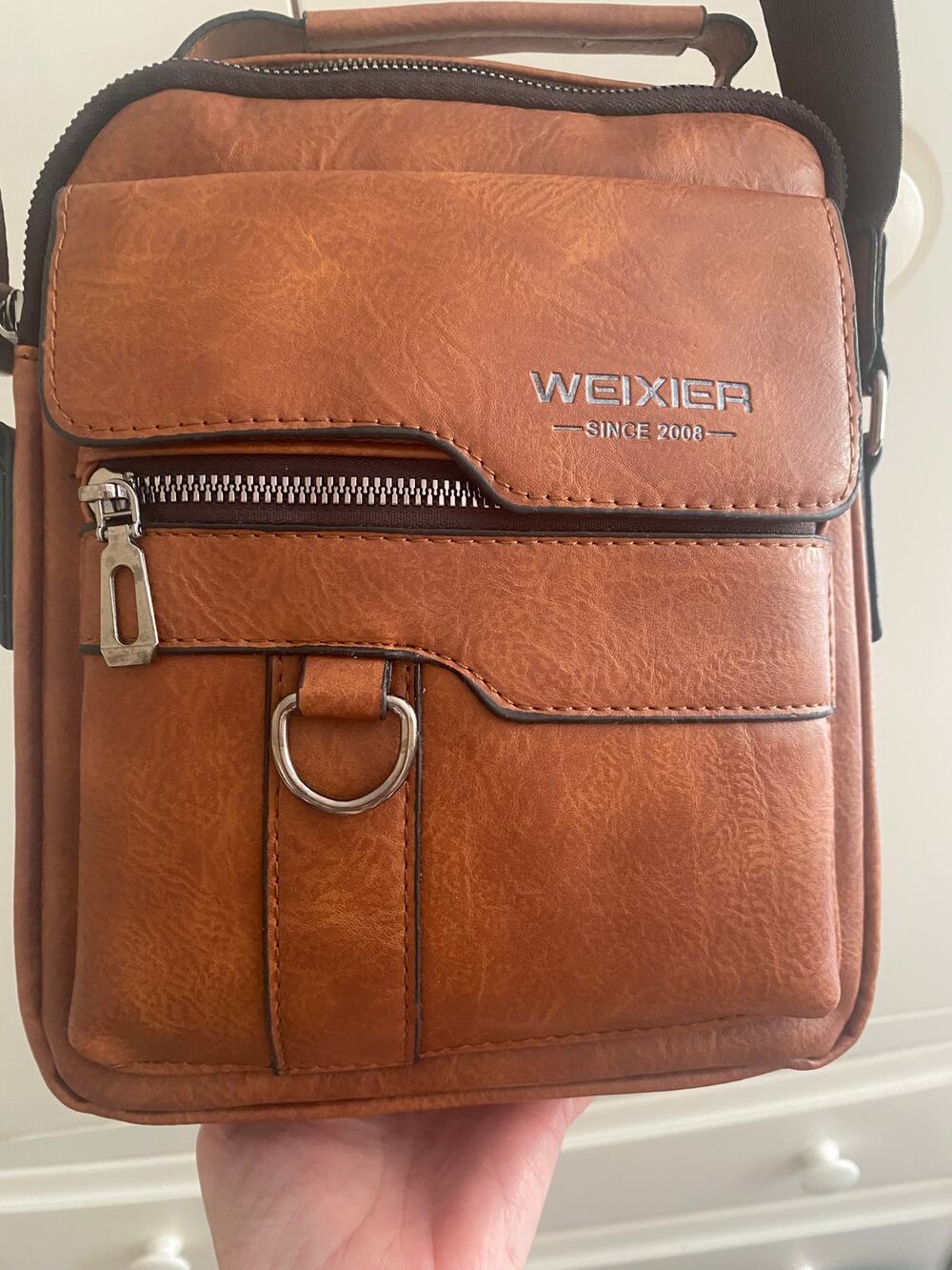 WEIXIER Men's Crossbody Bag Faux Leather Small Shoulder Bag Cognac Brown NWOT